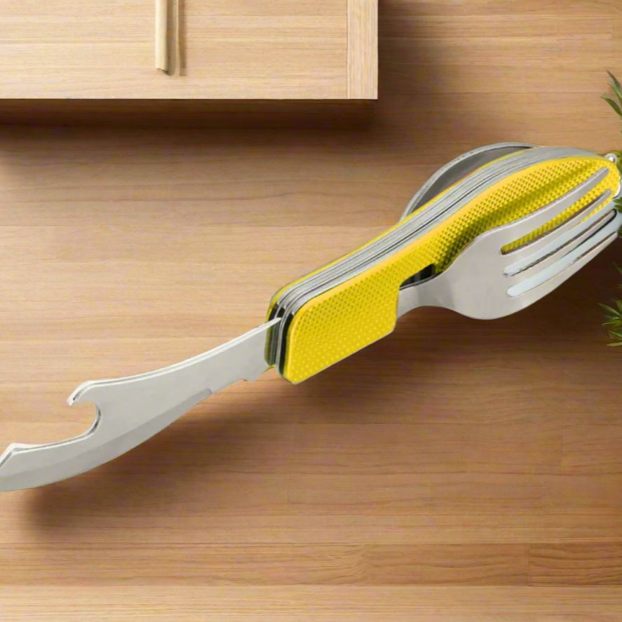Couteau Suisse - FoldableTablewareSet - Jaune | Couteau Suisse - FoldableTablewareSet - Jaune | Couteau Suisse FoldableTablewareSet Jaune | Couteau pliable portable | Couteau multifonction camping | Couteau portable pratique | Couteau jaune extérieur |